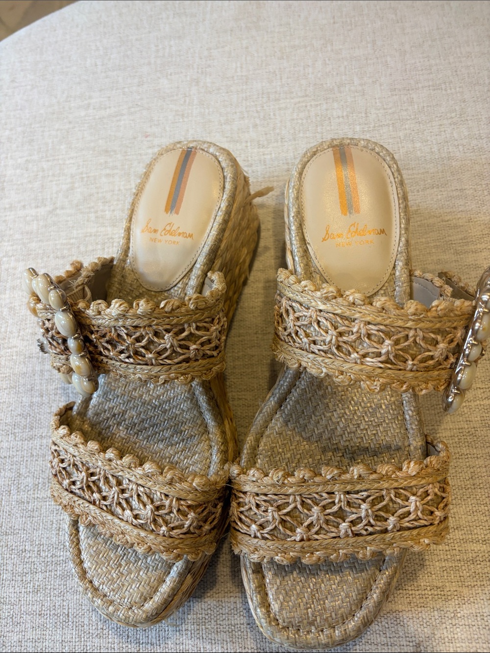 Sam Edelman Natural Raffia Wedge Slide Sandals with Bead Buckle